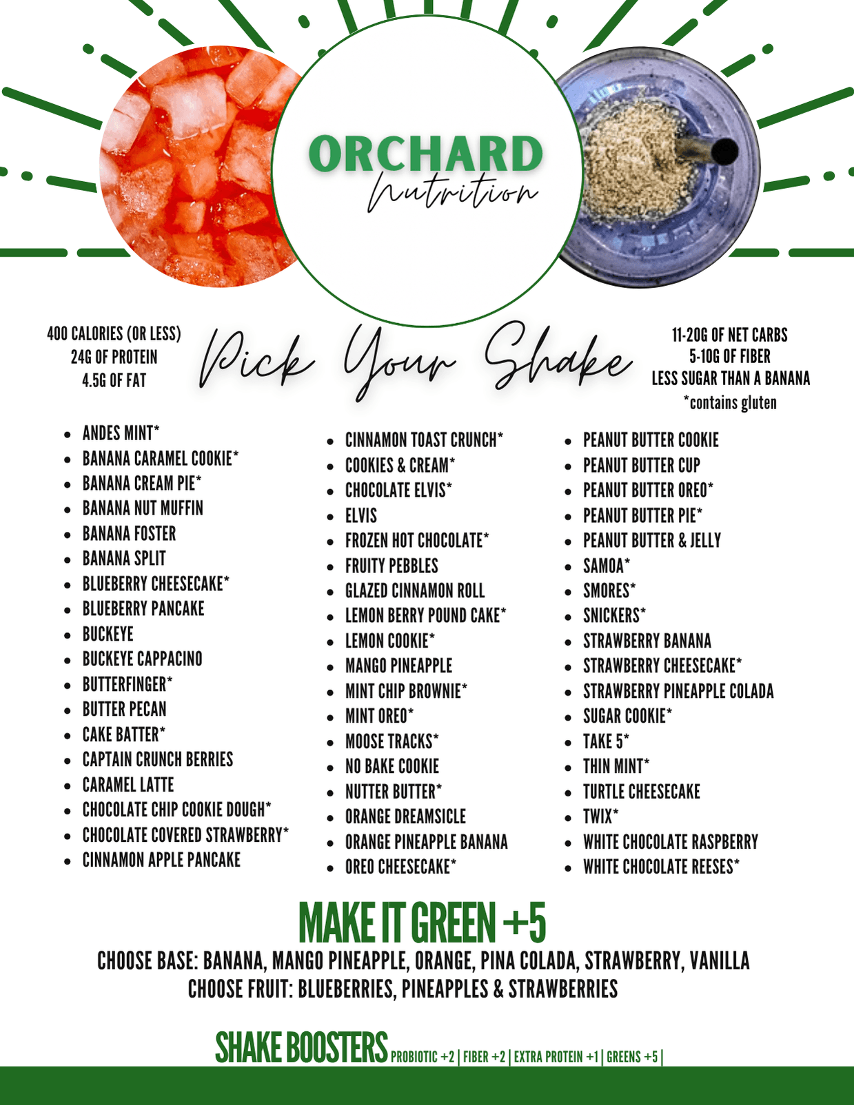 Orchard Nutrition shakes menu board — 400-calorie meal-replacement protein shakes and shake boosters
