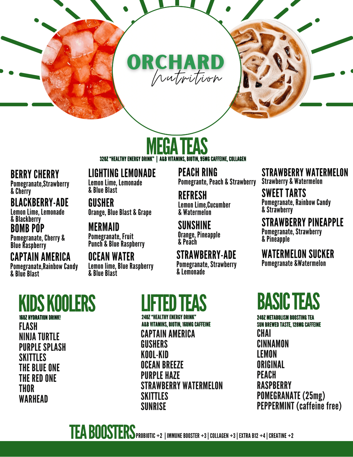 Orchard Nutrition menu board — mega teas, kids koolers, lifted teas, and basic teas
