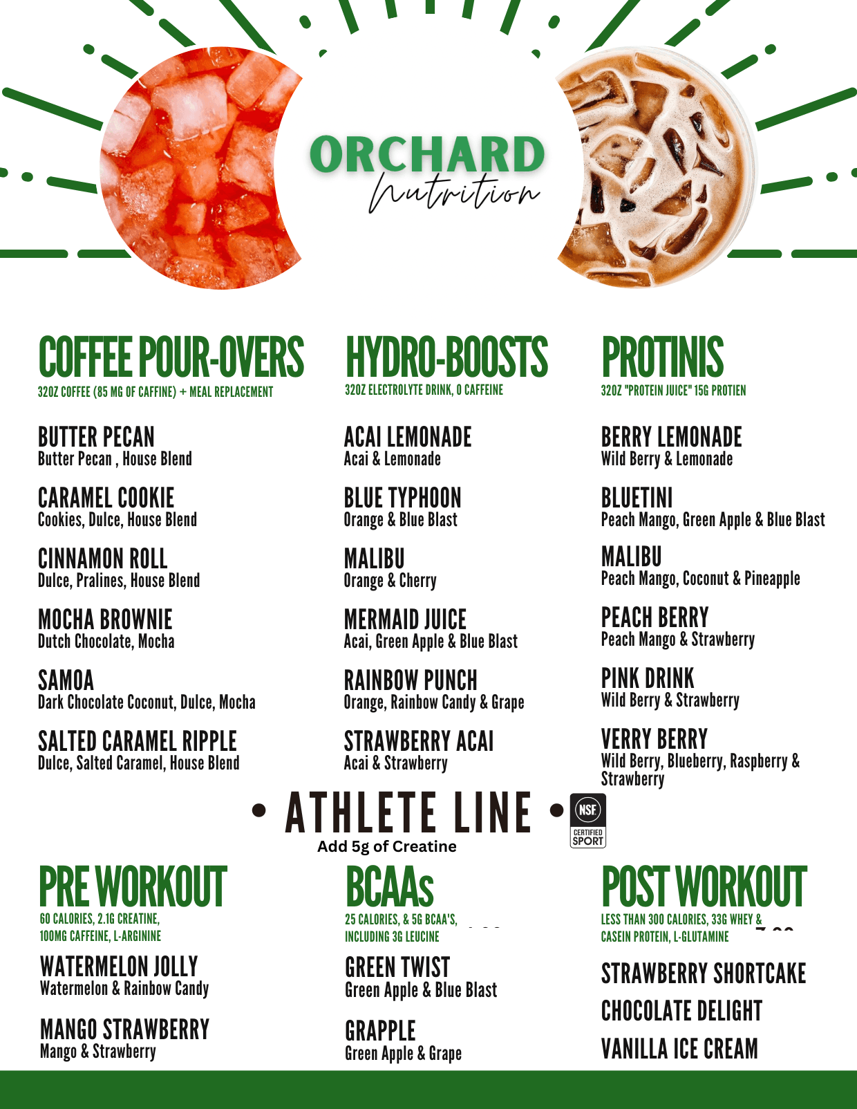 Orchard Nutrition menu board — coffee pour-overs, hydro-boosts, protinis, and the athlete line